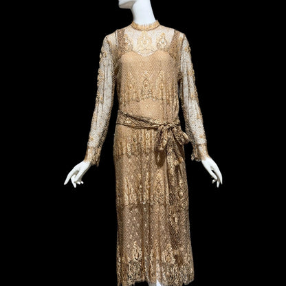 RINA di MONTELLA, vintage 1970s evening cocktail dress, silk lace high neck sequins beads