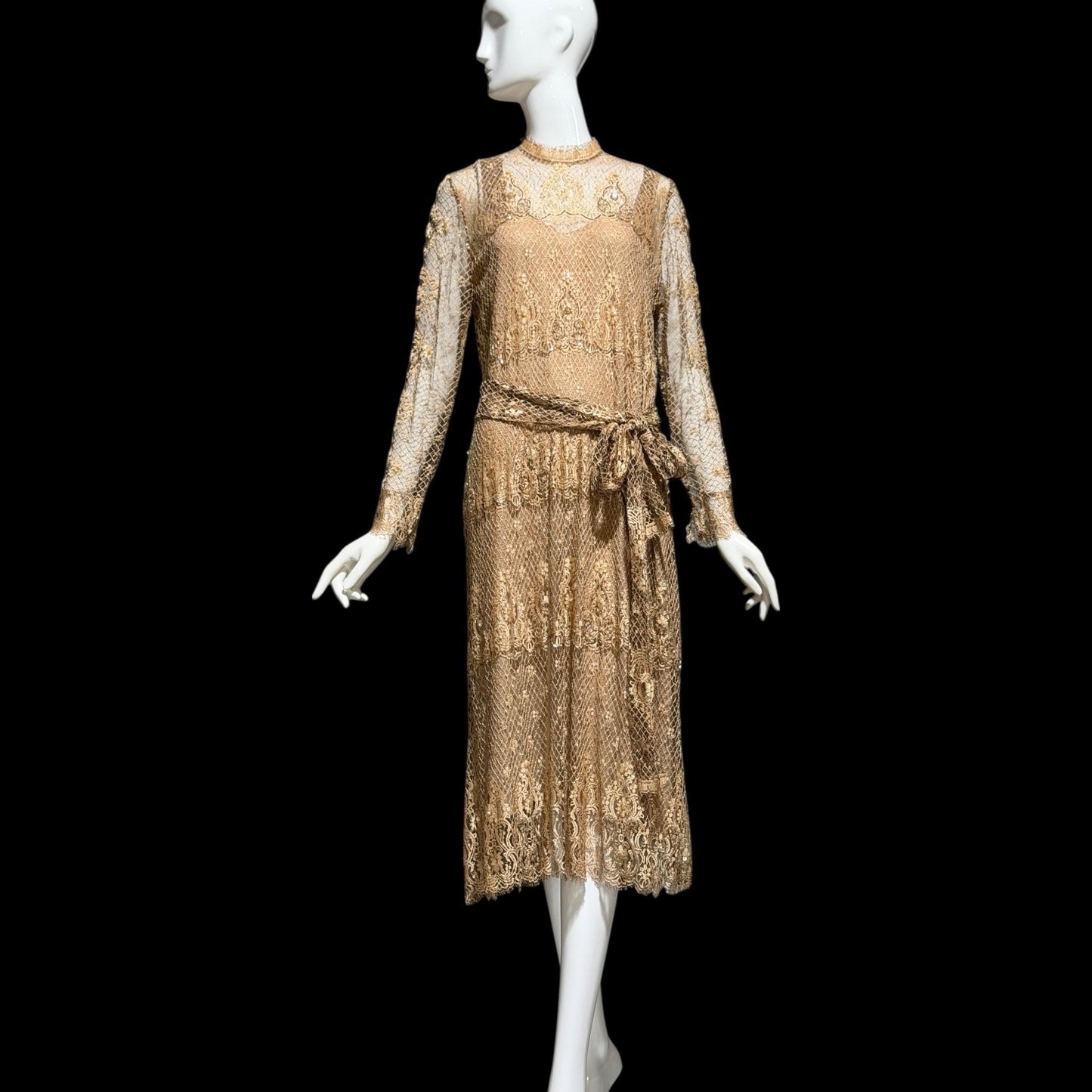 RINA di MONTELLA, vintage 1970s evening cocktail dress, silk lace high neck sequins beads