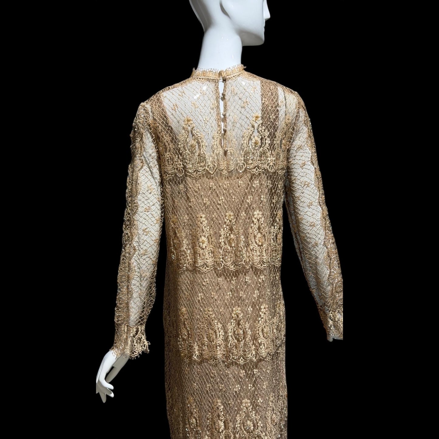 RINA di MONTELLA, vintage 1970s evening cocktail dress, silk lace high neck sequins beads