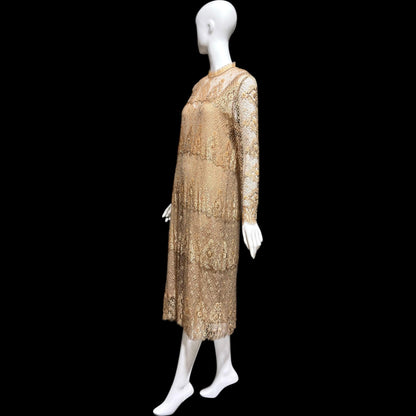 RINA di MONTELLA, vintage 1970s evening cocktail dress, silk lace high neck sequins beads