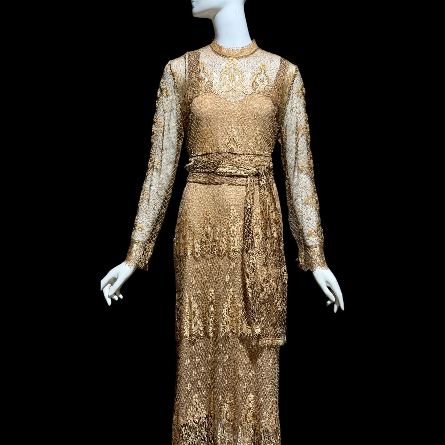 RINA di MONTELLA, vintage 1970s evening cocktail dress, silk lace high neck sequins beads
