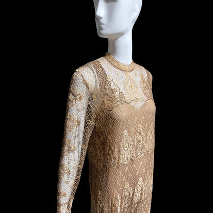 RINA di MONTELLA, vintage 1970s evening cocktail dress, silk lace high neck sequins beads
