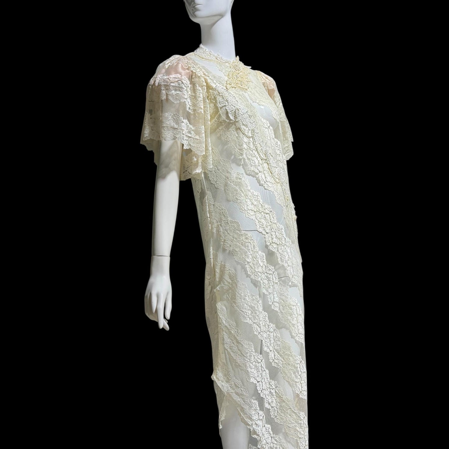 LORRIE KABALA Vintage 1980s wedding dress, white lace high neck sequins beads, removable sleeves & gloves