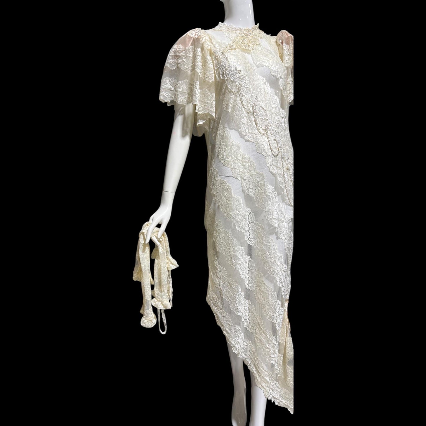 LORRIE KABALA Vintage 1980s wedding dress, white lace high neck sequins beads, removable sleeves & gloves