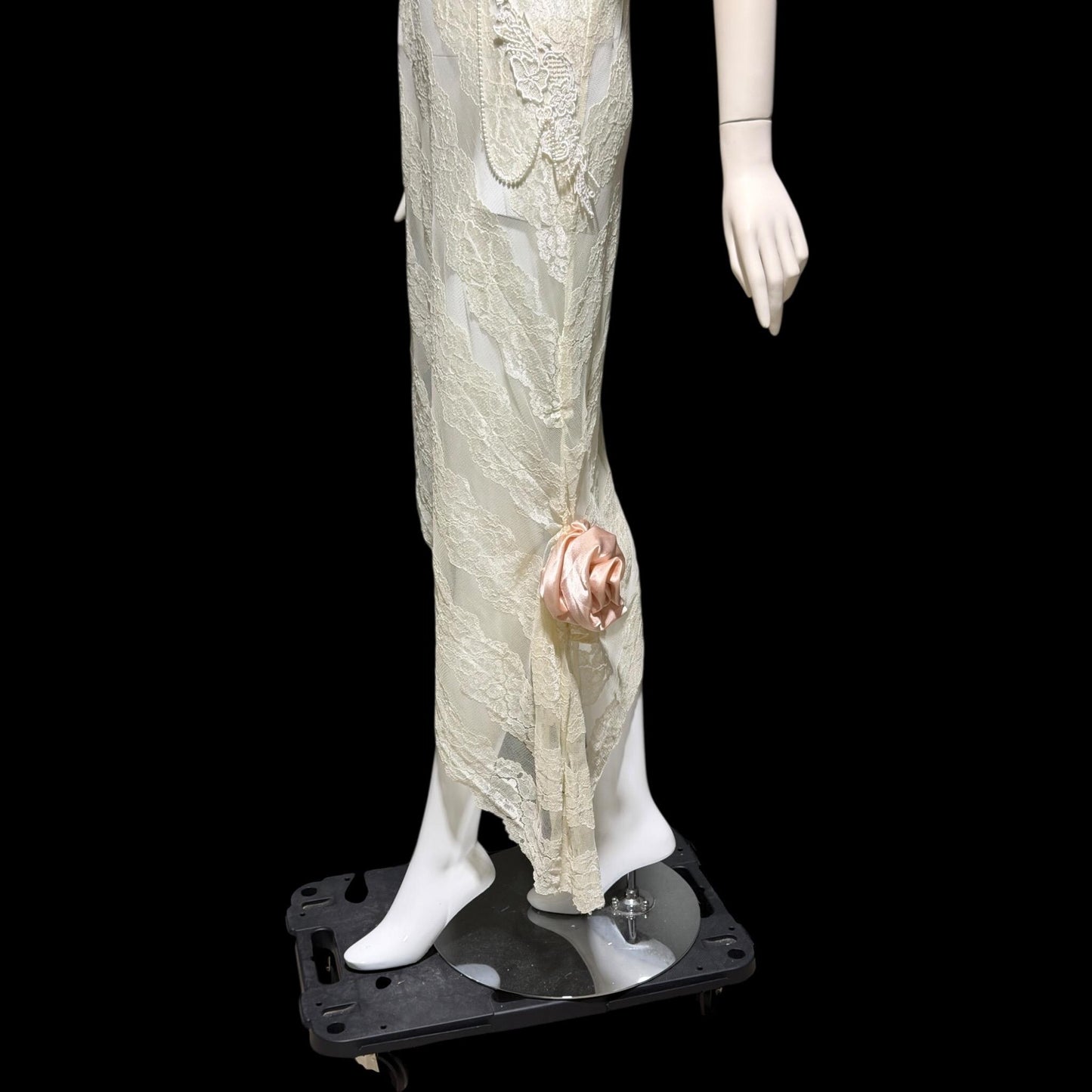 LORRIE KABALA Vintage 1980s wedding dress, white lace high neck sequins beads, removable sleeves & gloves