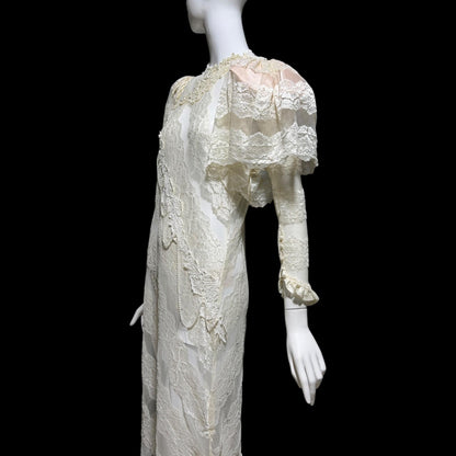 LORRIE KABALA Vintage 1980s wedding dress, white lace high neck sequins beads, removable sleeves & gloves