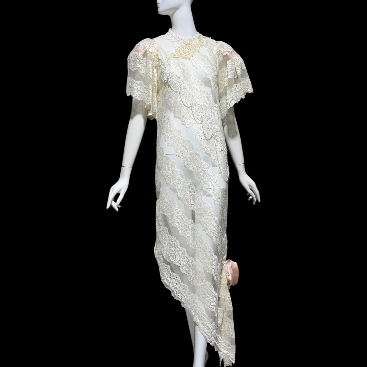 LORRIE KABALA Vintage 1980s wedding dress, white lace high neck sequins beads, removable sleeves & gloves