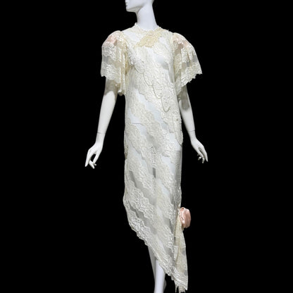 LORRIE KABALA Vintage 1980s wedding dress, white lace high neck sequins beads, removable sleeves & gloves