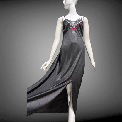 VELROSE vintage nightgown slip dress, 1970s Black and Red nylon gown, New Old Stock
