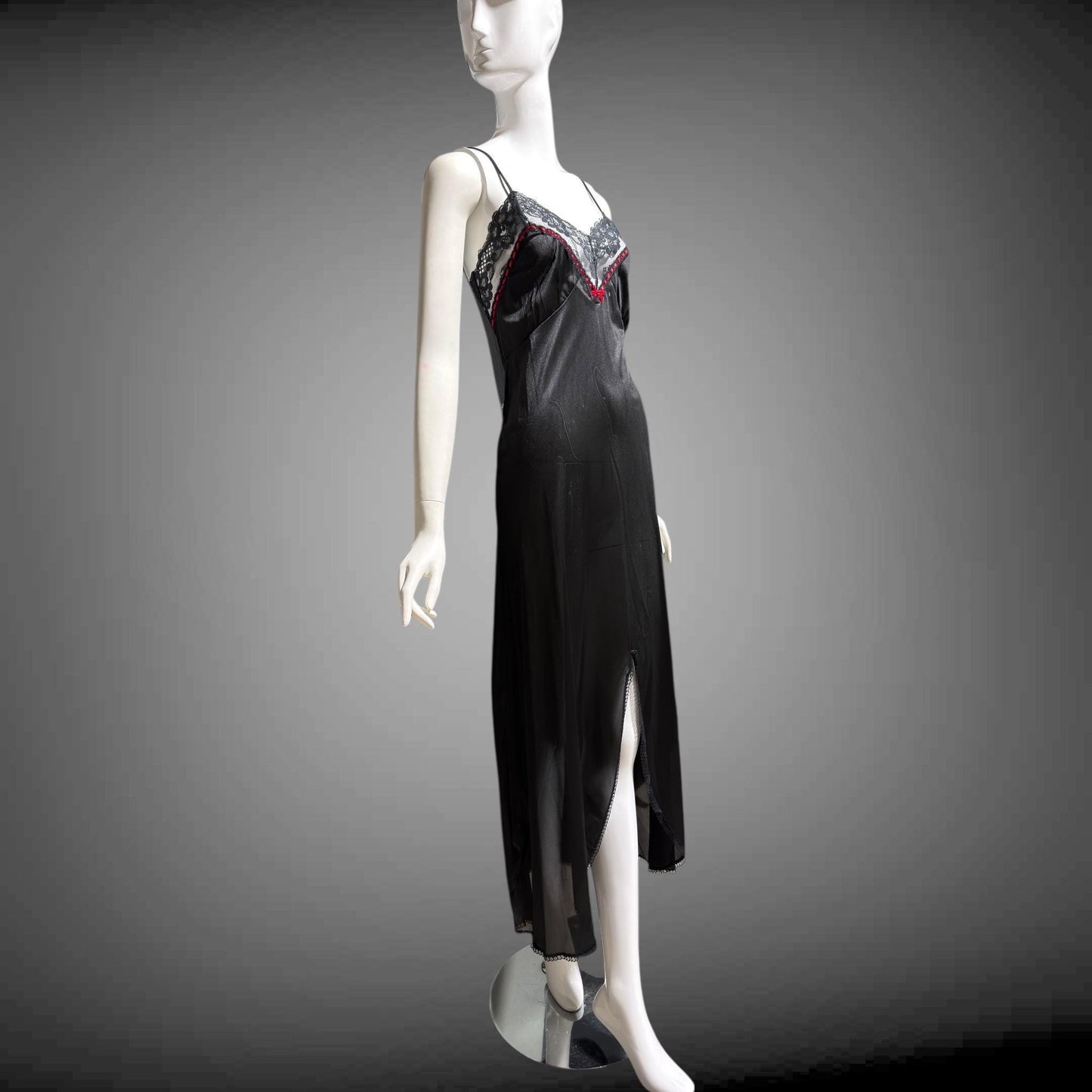 VELROSE vintage nightgown slip dress, 1970s Black and Red nylon gown, New Old Stock