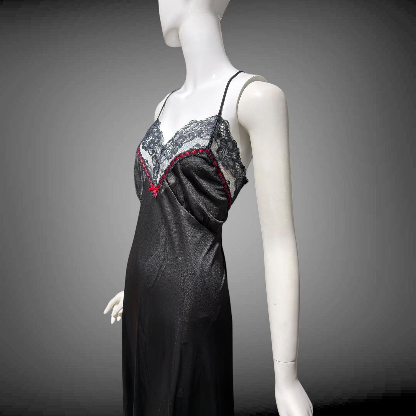 VELROSE vintage nightgown slip dress, 1970s Black and Red nylon gown, New Old Stock