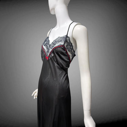 VELROSE vintage nightgown slip dress, 1970s Black and Red nylon gown, New Old Stock