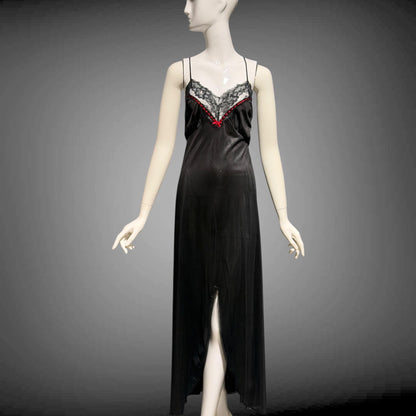 VELROSE vintage nightgown slip dress, 1970s Black and Red nylon gown, New Old Stock