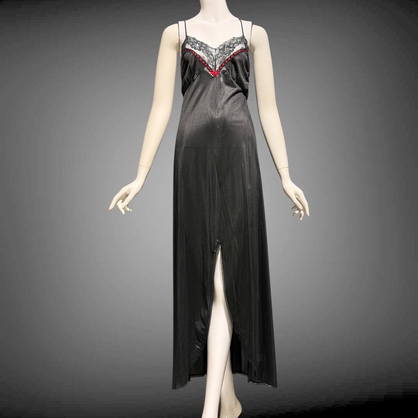 VELROSE vintage nightgown slip dress, 1970s Black and Red nylon gown, New Old Stock