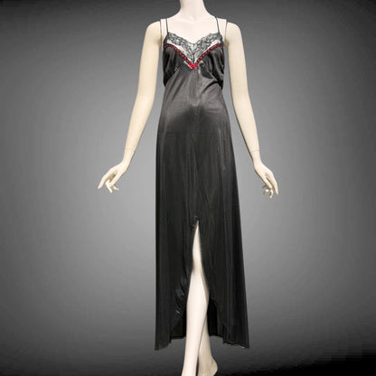 VELROSE vintage nightgown slip dress, 1970s Black and Red nylon gown, New Old Stock
