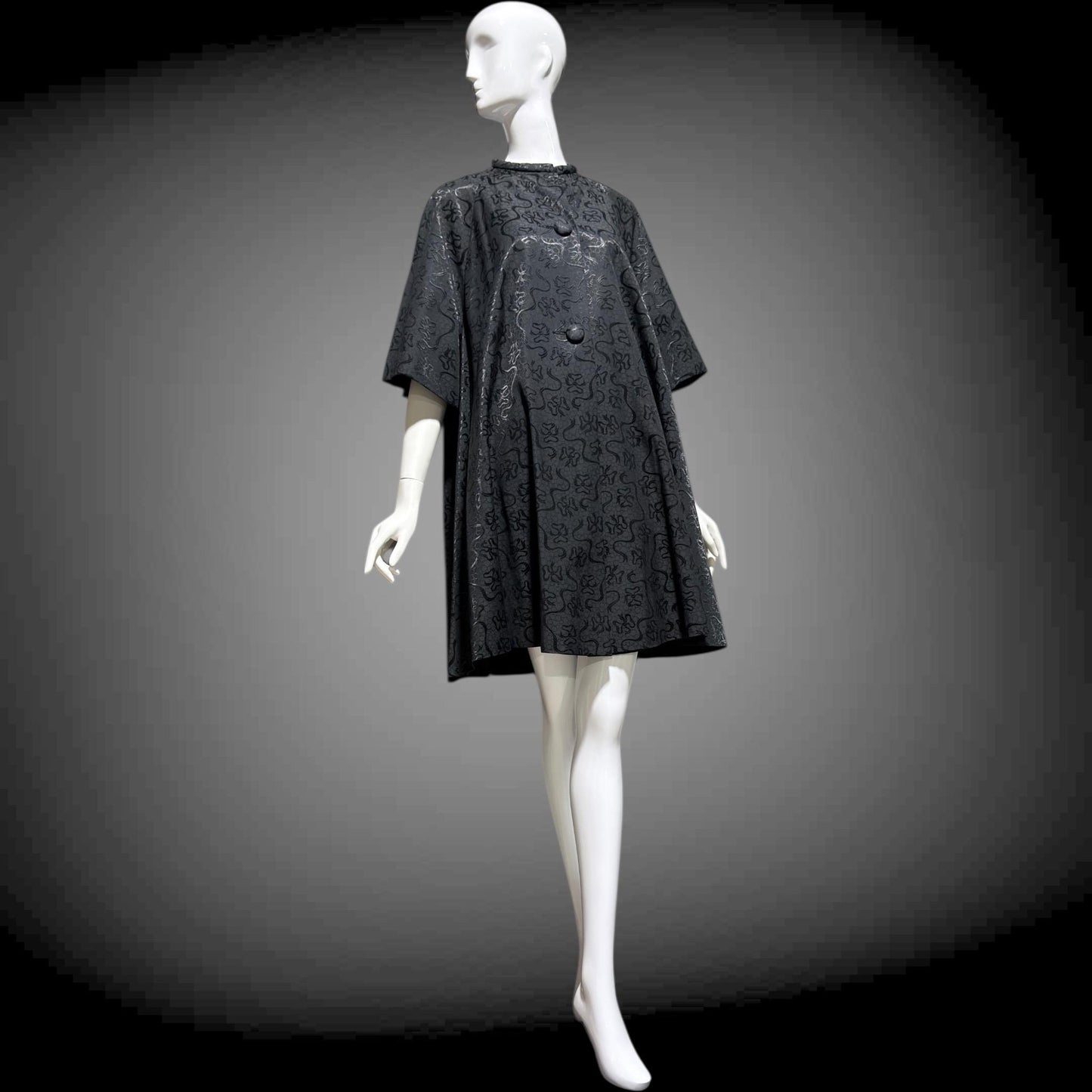 1950s Vintage evening swing coat, Black silk jacquard garland and bows opera coat