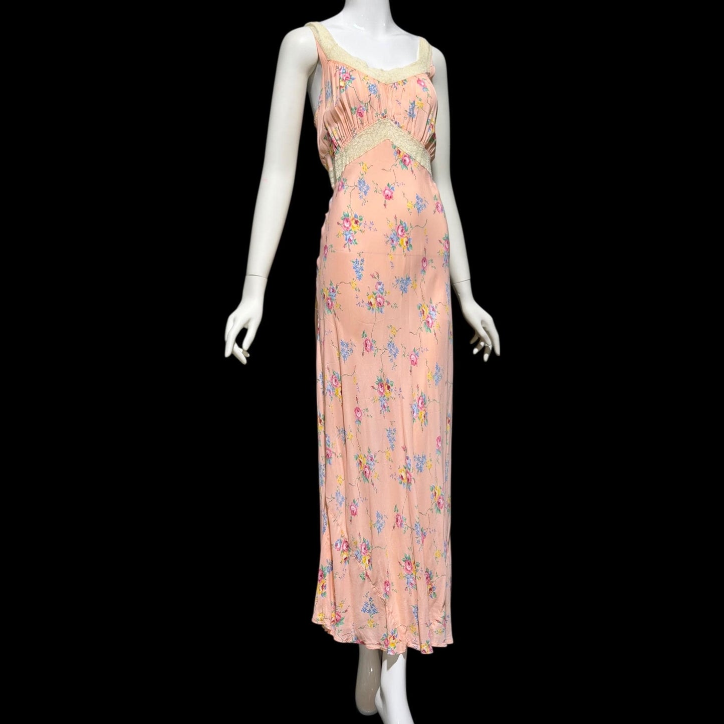 RADCLIFFE vintage 1940s Nightgown slip dress, Pink rose print floral Lingerie dress, bias cut rayon