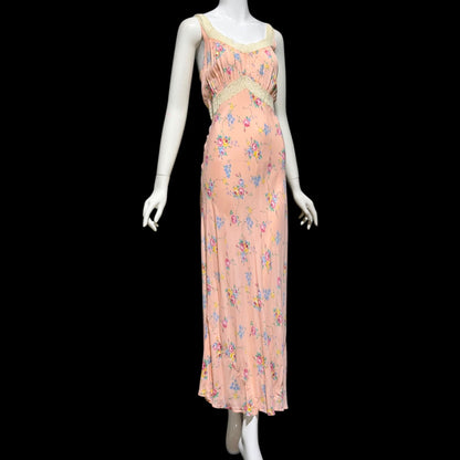 RADCLIFFE vintage 1940s Nightgown slip dress, Pink rose print floral Lingerie dress, bias cut rayon