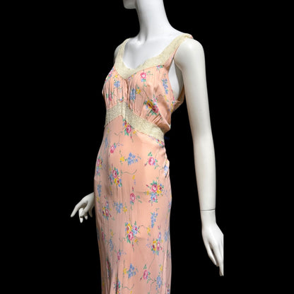 RADCLIFFE vintage 1940s Nightgown slip dress, Pink rose print floral Lingerie dress, bias cut rayon