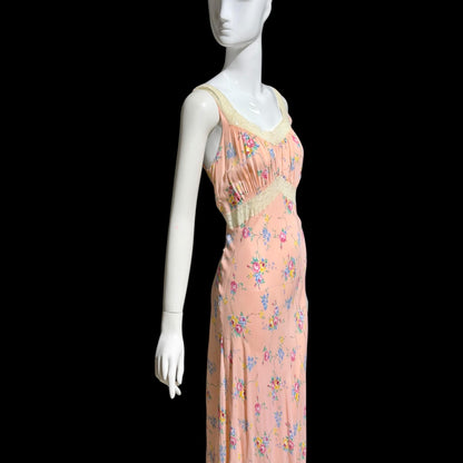 RADCLIFFE vintage 1940s Nightgown slip dress, Pink rose print floral Lingerie dress, bias cut rayon