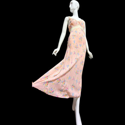 RADCLIFFE vintage 1940s Nightgown slip dress, Pink rose print floral Lingerie dress, bias cut rayon