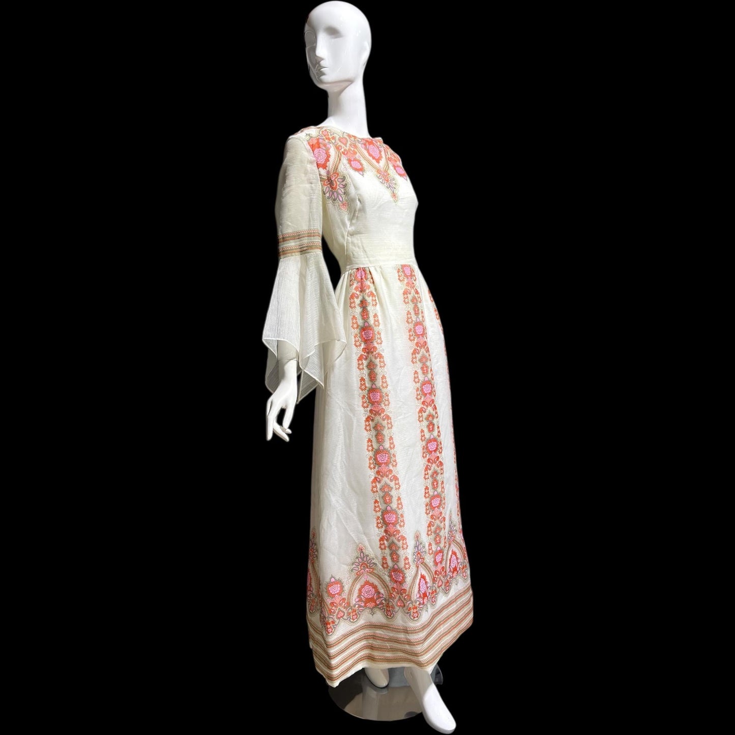 ALFRED SHAHEEN vintage 1970s maxi dress, hand screen print floral Hawaiian wedding dress
