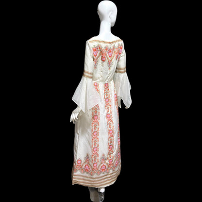 ALFRED SHAHEEN vintage 1970s maxi dress, hand screen print floral Hawaiian wedding dress