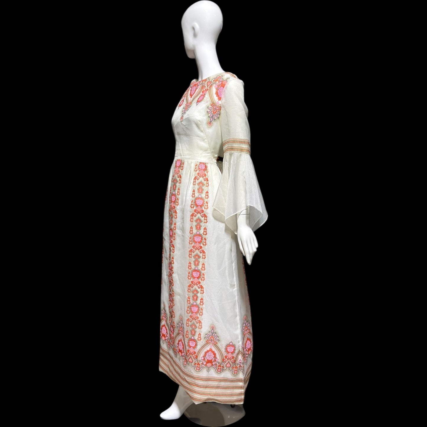 ALFRED SHAHEEN vintage 1970s maxi dress, hand screen print floral Hawaiian wedding dress