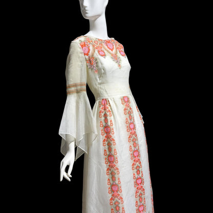 ALFRED SHAHEEN vintage 1970s maxi dress, hand screen print floral Hawaiian wedding dress
