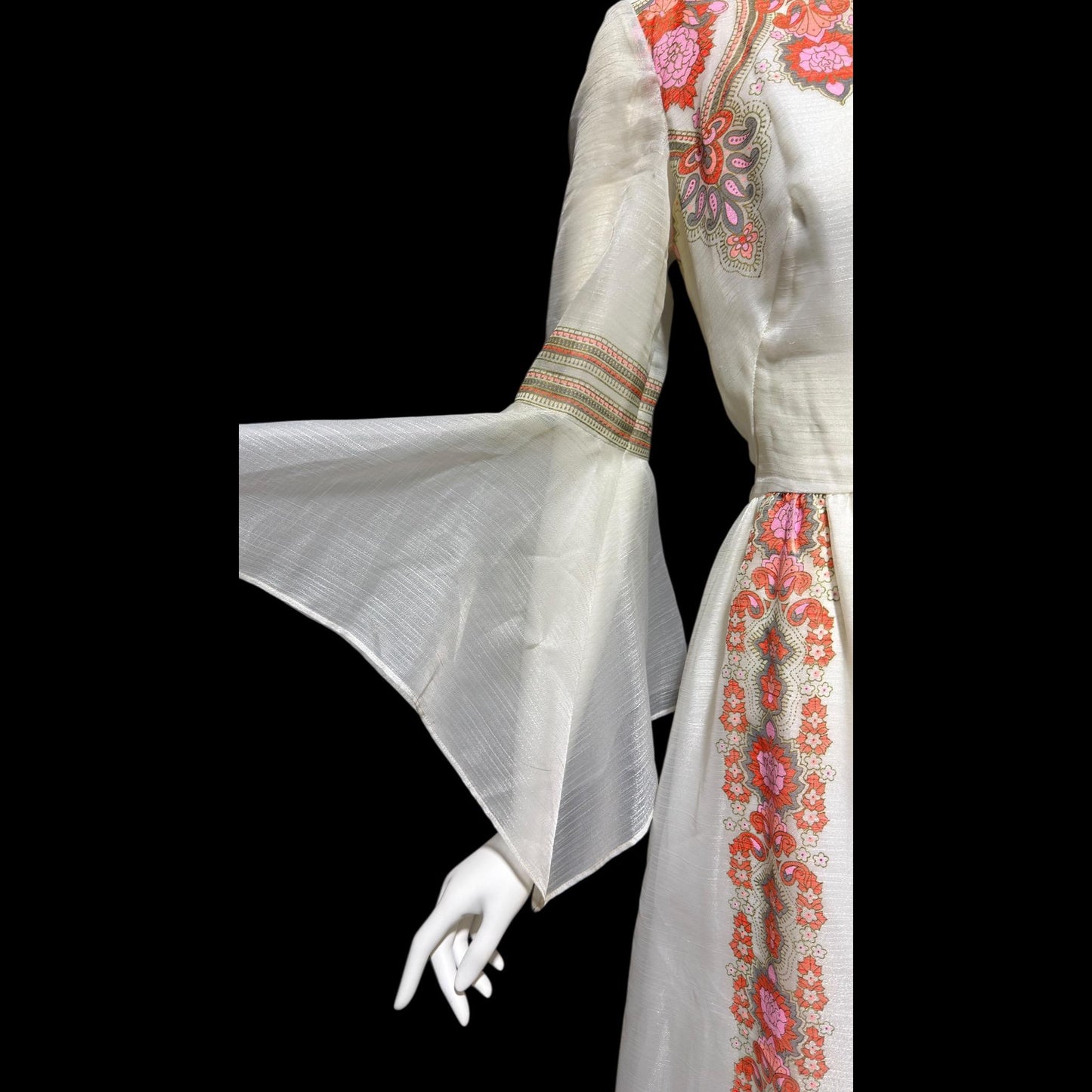 ALFRED SHAHEEN vintage 1970s maxi dress, hand screen print floral Hawaiian wedding dress