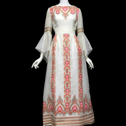 ALFRED SHAHEEN vintage 1970s maxi dress, hand screen print floral Hawaiian wedding dress