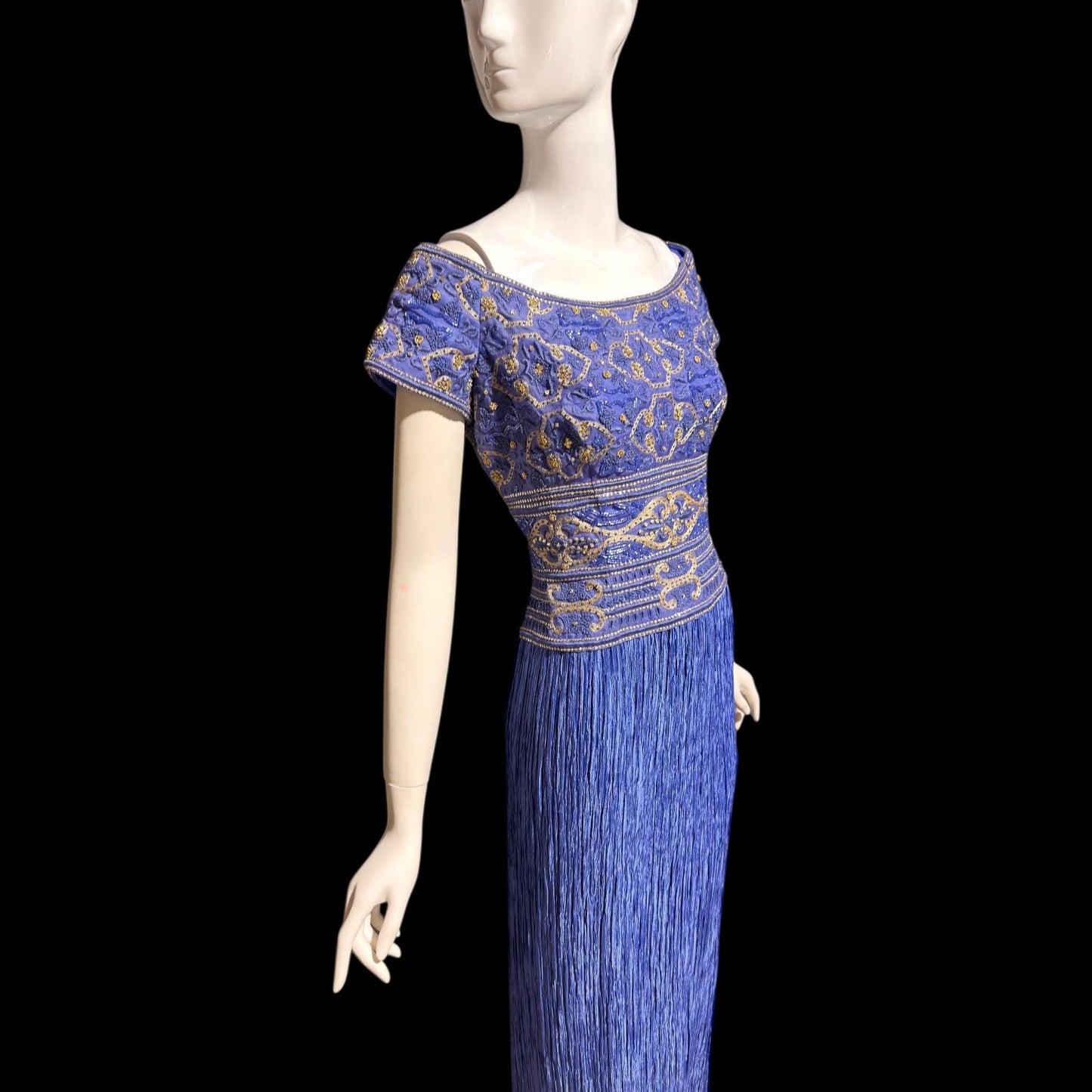 MARY MCFADDEN COUTURE vintage evening dress gown, 1980s royal blue beaded plisse gown