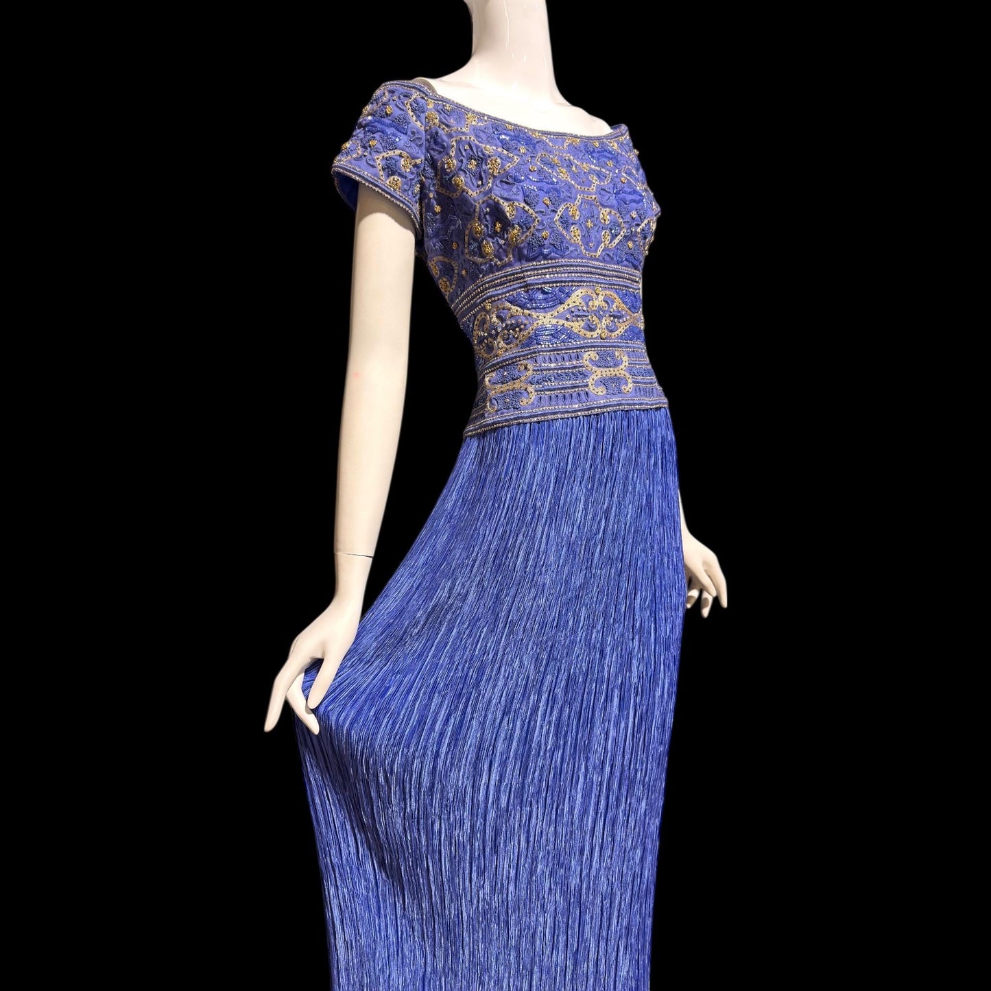 MARY MCFADDEN COUTURE vintage evening dress gown, 1980s royal blue beaded plisse gown