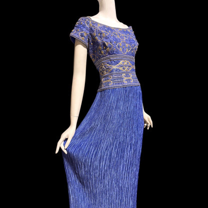 MARY MCFADDEN COUTURE vintage evening dress gown, 1980s royal blue beaded plisse gown