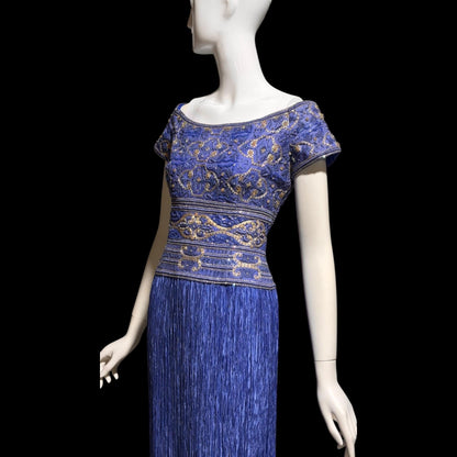 MARY MCFADDEN COUTURE vintage evening dress gown, 1980s royal blue beaded plisse gown