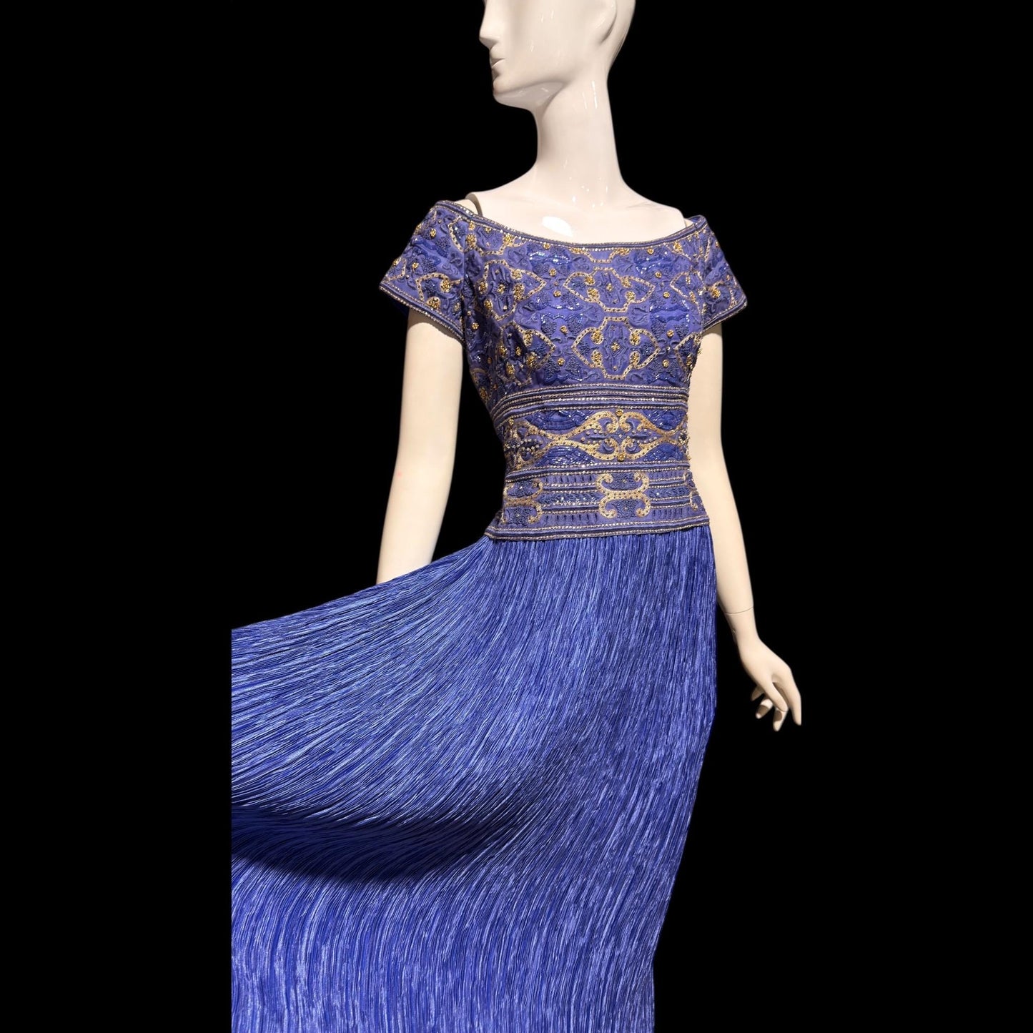 MARY MCFADDEN COUTURE vintage evening dress gown, 1980s royal blue beaded plisse gown