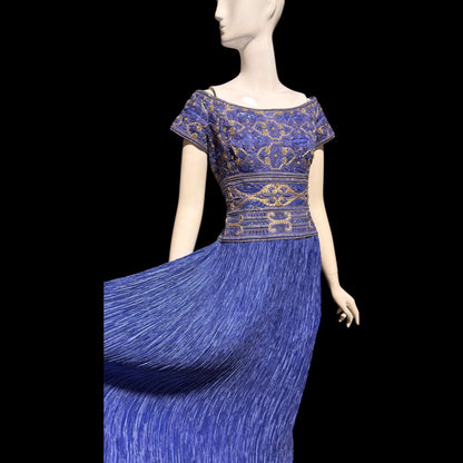 MARY MCFADDEN COUTURE vintage evening dress gown, 1980s royal blue beaded plisse gown