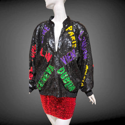 1980s vintage bomber jacket, World Traveler black sequin coat, Large