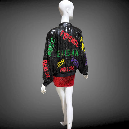 1980s vintage bomber jacket, World Traveler black sequin coat, Large
