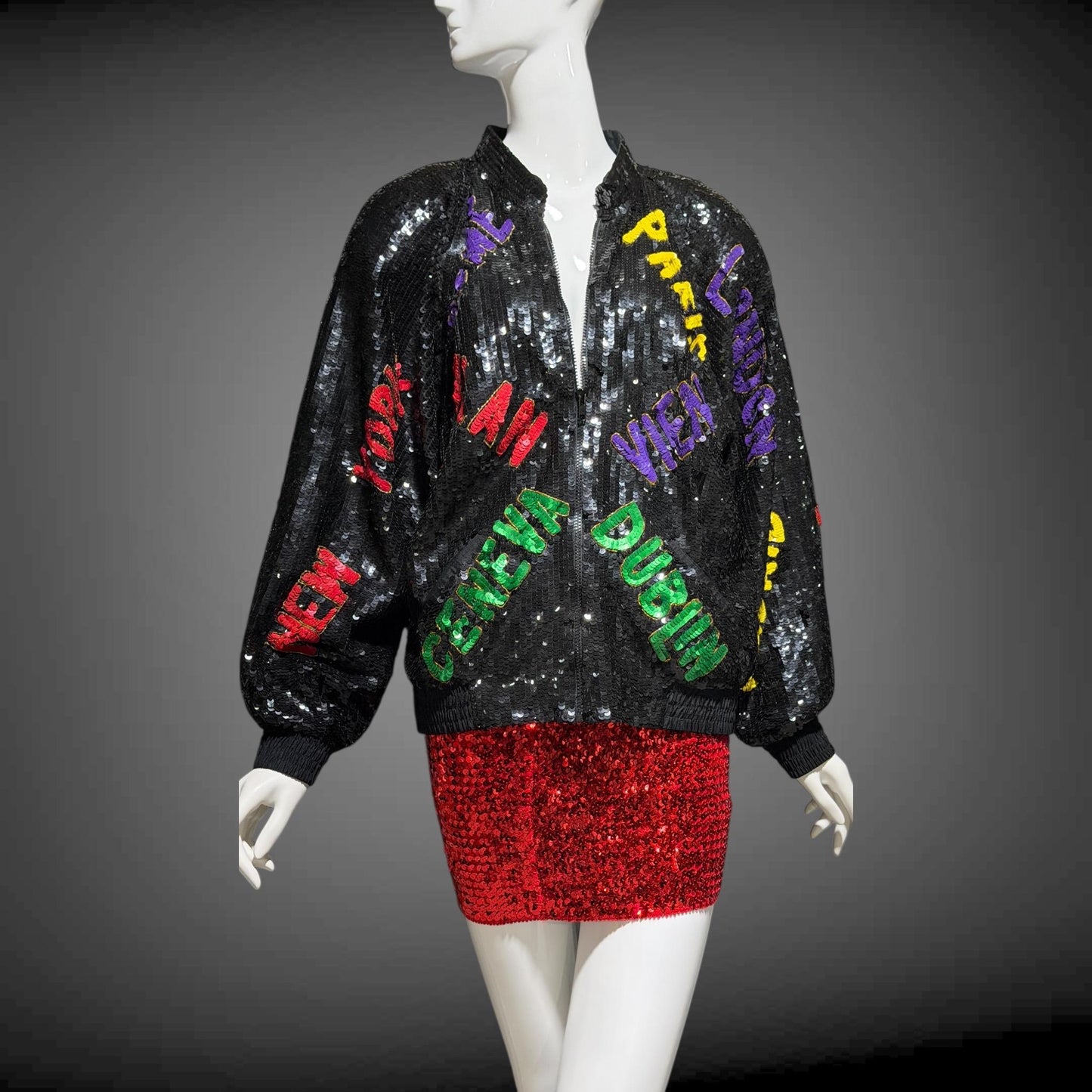 1980s vintage bomber jacket, World Traveler black sequin coat, Large