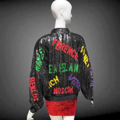 1980s vintage bomber jacket, World Traveler black sequin coat, Large