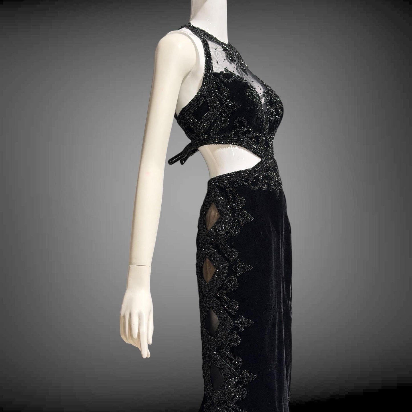 Vintage Y2k evening dress, Black velvet heavy beaded cutout gown