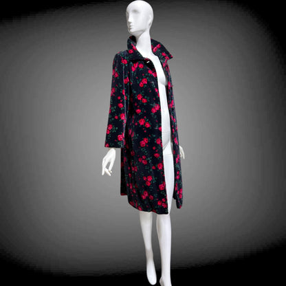 TOWN & COUNTRY vintage 1960s evening coat, black velvet rose print midi coat