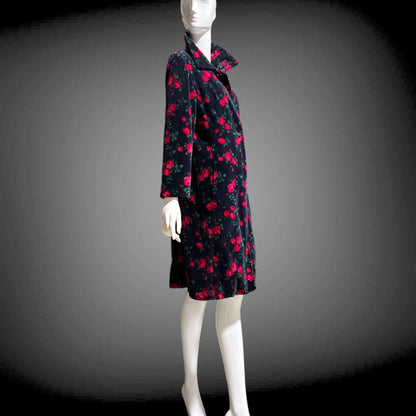 TOWN & COUNTRY vintage 1960s evening coat, black velvet rose print midi coat