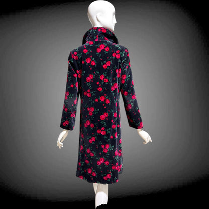 TOWN & COUNTRY vintage 1960s evening coat, black velvet rose print midi coat
