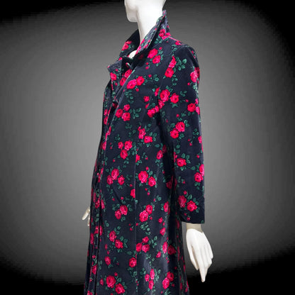 TOWN & COUNTRY vintage 1960s evening coat, black velvet rose print midi coat