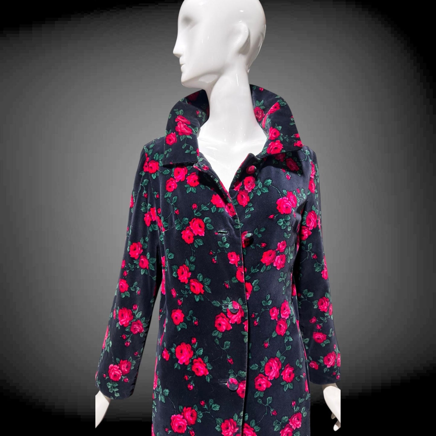 TOWN & COUNTRY vintage 1960s evening coat, black velvet rose print midi coat