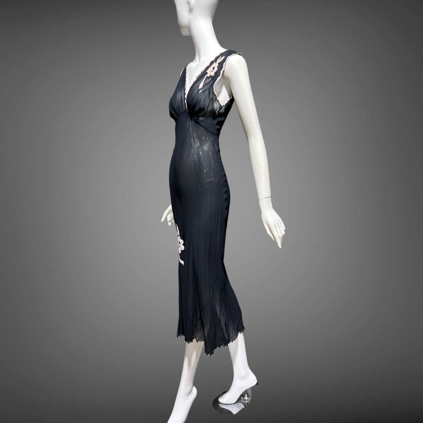 1930s vintage Nightgown slip dress, sheer sultry black lingerie dress, bias cut with applique