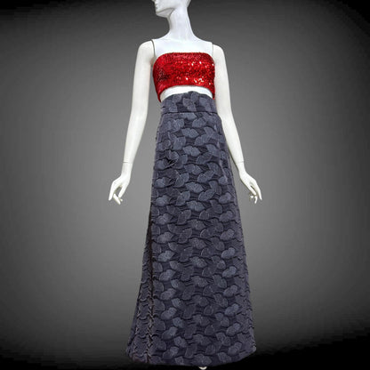 ARNOLD SCAASI COUTURE Vintage 1960s Maxi Skirt, Slate Gray Aubergine Embossed Velvet High Waist Evening Skirt
