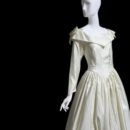 1980s Vintage wedding dress, Custom Made creamy white long sleeves off the shoulder gown